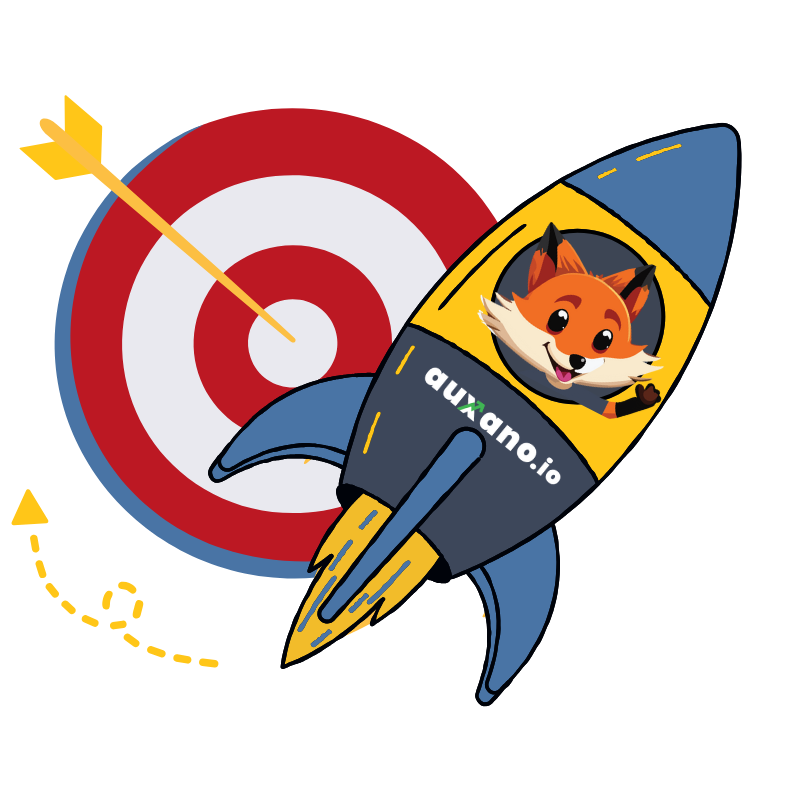 Amigo the fox riding a rocket toward a bullseye
