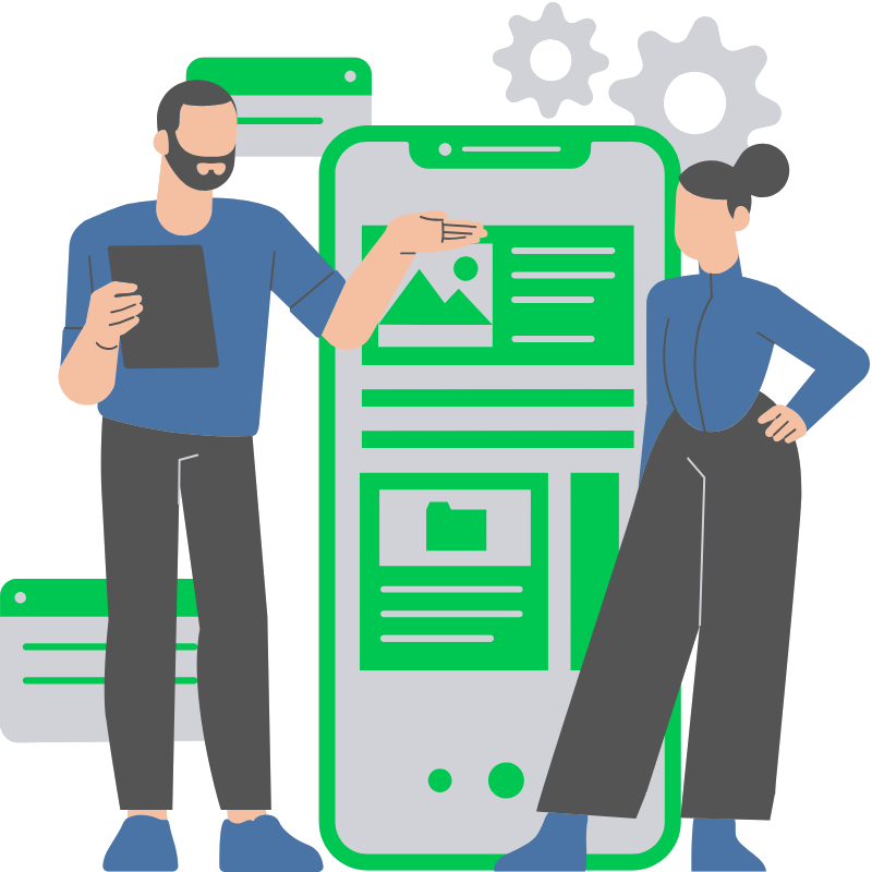 Auxano consultants reviewing web and mobile interfaces alongside process gears