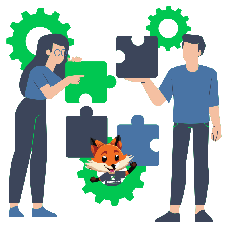 Two Auxano consultants fitting together green gears and puzzle pieces, with Amigo the fox looking through
